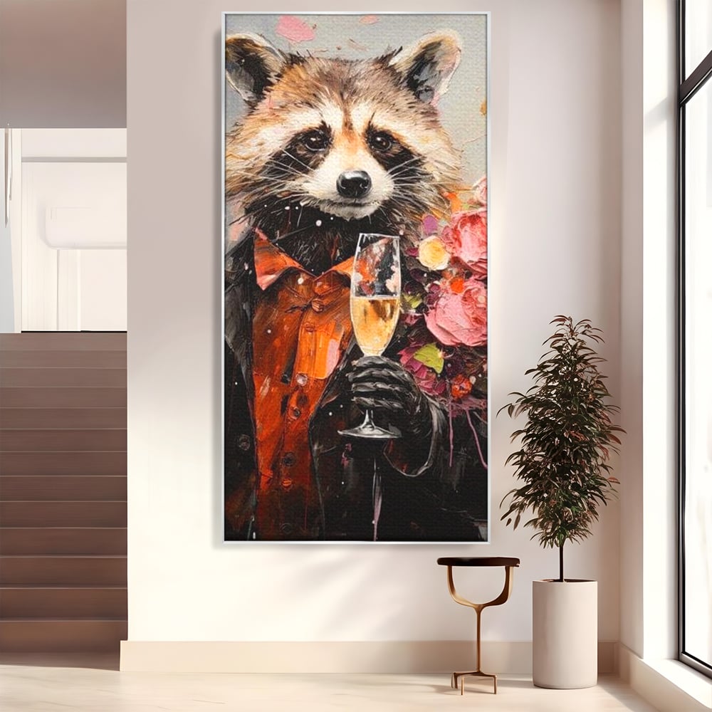 Tablou canvas cu tablou canvas cu raton elegant tinand pahar de sampanie, in rama de aluminiu argintiu